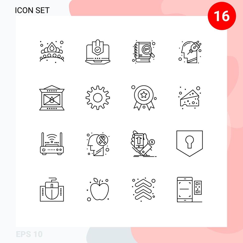 16 Universal Outlines Set for Web and Mobile Applications mind head protected seo development Editable Vector Design Elements