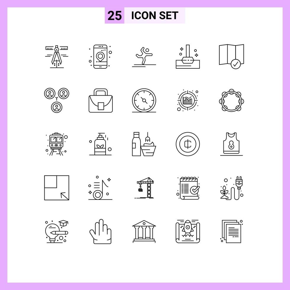 25 Universal Line Signs Symbols of map check in athlete bathroom mop Editable Vector Design Elements