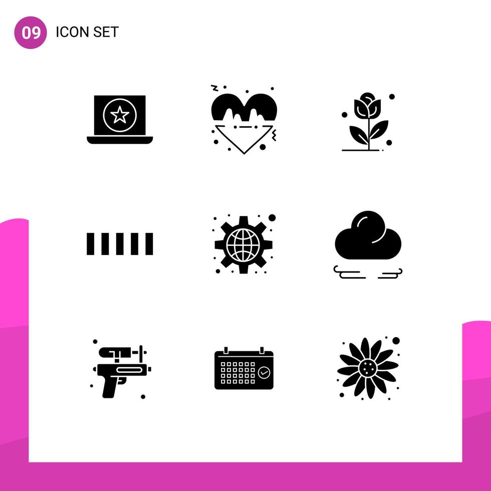 Mobile Interface Solid Glyph Set of 9 Pictograms of settings global flower configuration phone Editable Vector Design Elements