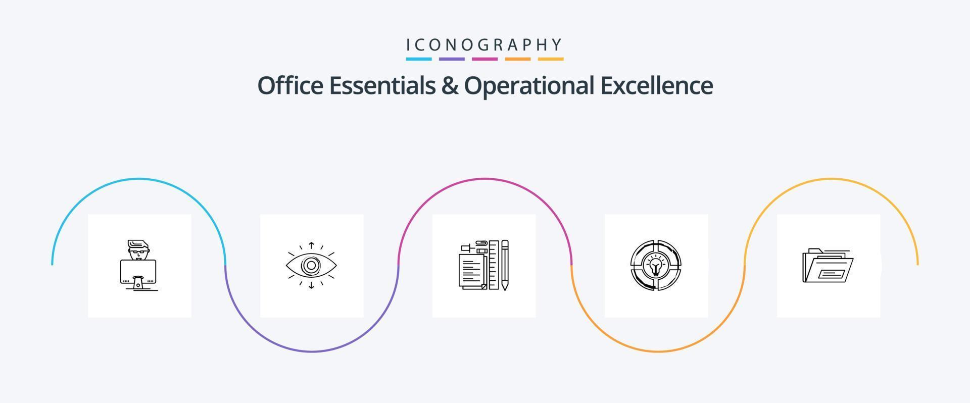 Office Essentials And Operational Exellence Line 5 Icon Pack Including light. pie. bulb. notepad vector