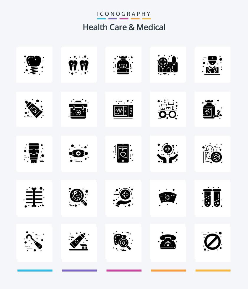 Creative Health Care And Medical 25 Glyph Solid Black icon pack  Such As physician. doctor. alternative. bp monitor. blood pressure operator vector