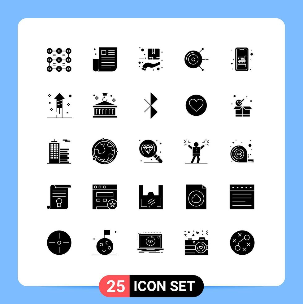 25 Thematic Vector Solid Glyphs and Editable Symbols of cart disk ui computing hand Editable Vector Design Elements