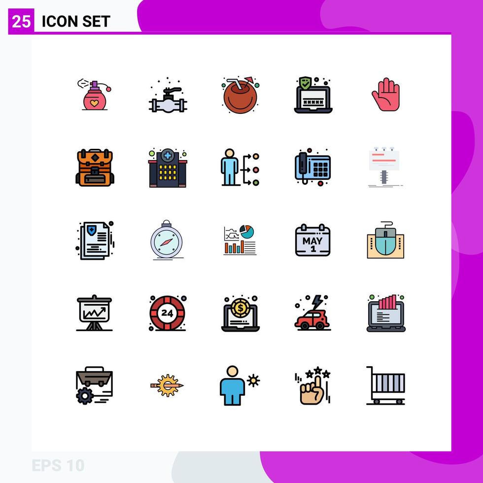 paquete de interfaz de usuario de 25 colores planos básicos de línea rellena de elementos de diseño vectorial editables de seguridad de parada de coco de mano de camping vector