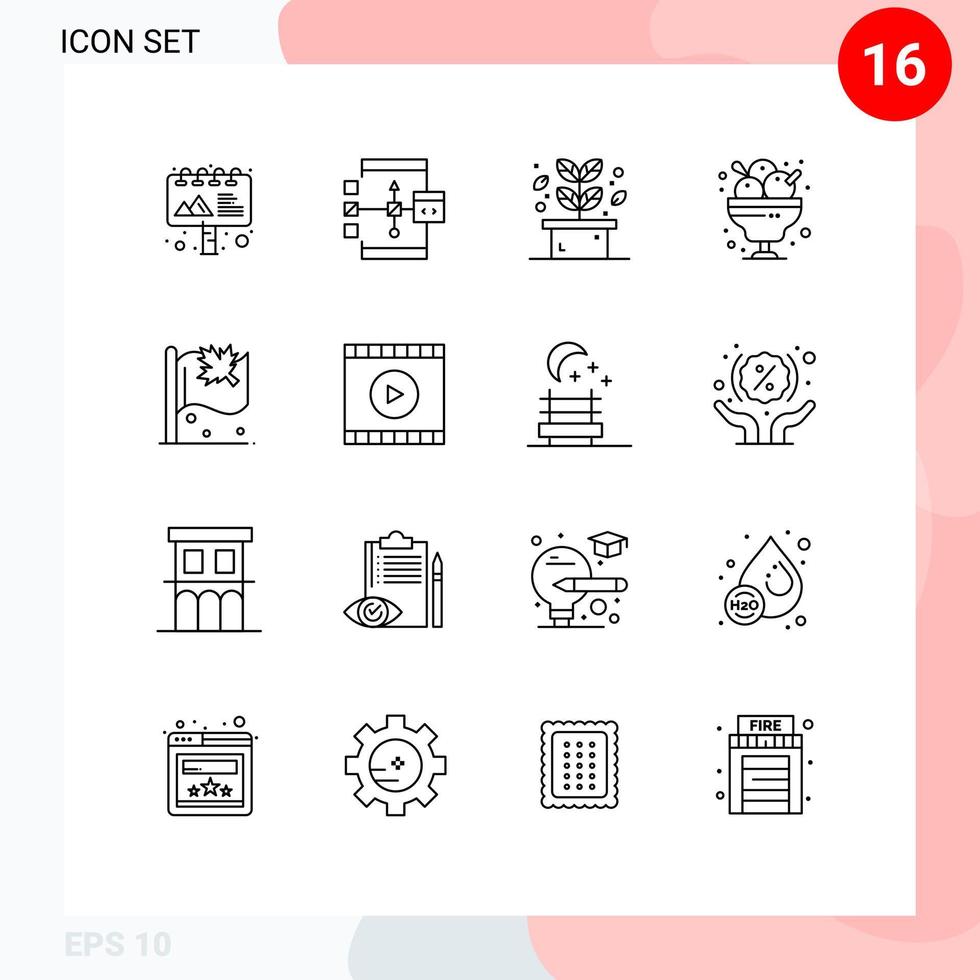 Pack of 16 creative Outlines of flag ice cream herb food cafe Editable Vector Design Elements