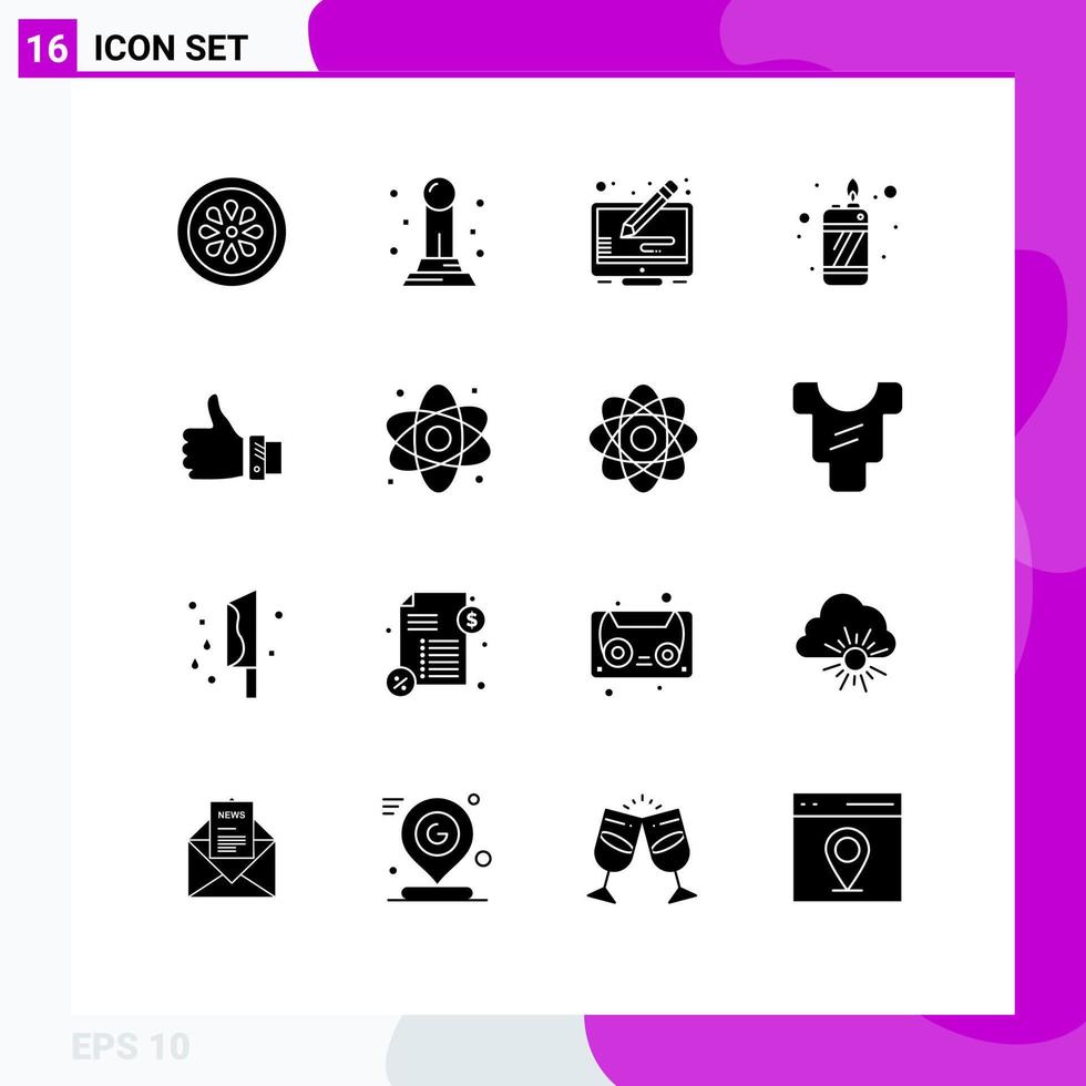 16 User Interface Solid Glyph Pack of modern Signs and Symbols of finger like copy lighter fire Editable Vector Design Elements