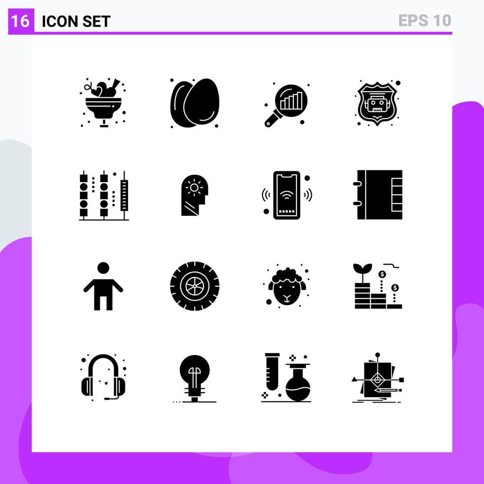 Mobile Interface Solid Glyph Set of 16 Pictograms of food web healthy food robot database search stats Editable Vector Design Elements
