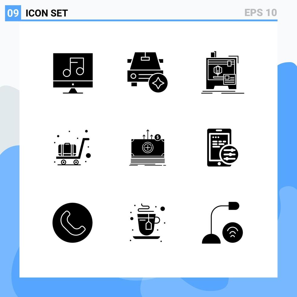 paquete de 9 signos y símbolos de glifos sólidos modernos para medios de impresión web, como elementos de diseño de vectores editables de aeropuerto de carro dimensional de dinero médico