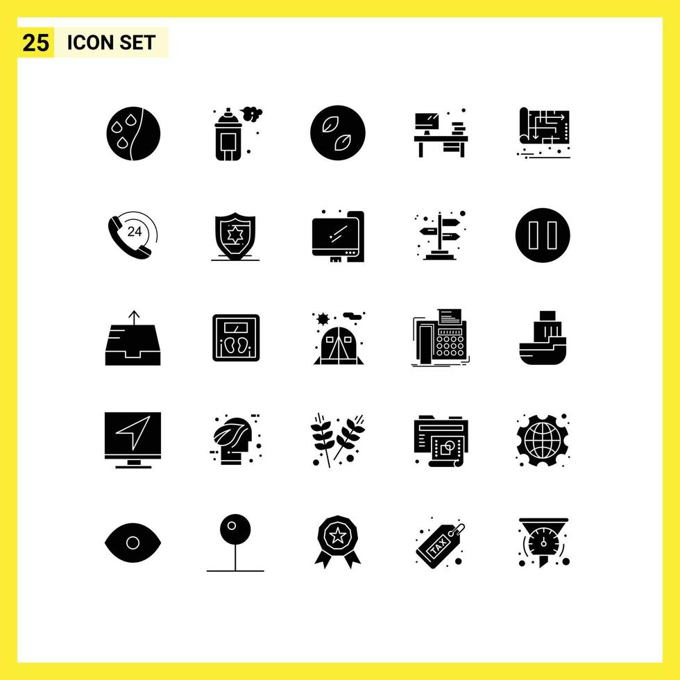Group of 25 Solid Glyphs Signs and Symbols for house blueprint leaf monitor office Editable Vector Design Elements