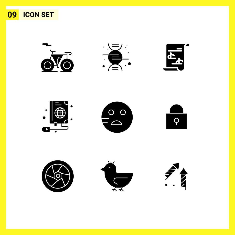 User Interface Pack of 9 Basic Solid Glyphs of twitter emojis music sad web Editable Vector Design Elements