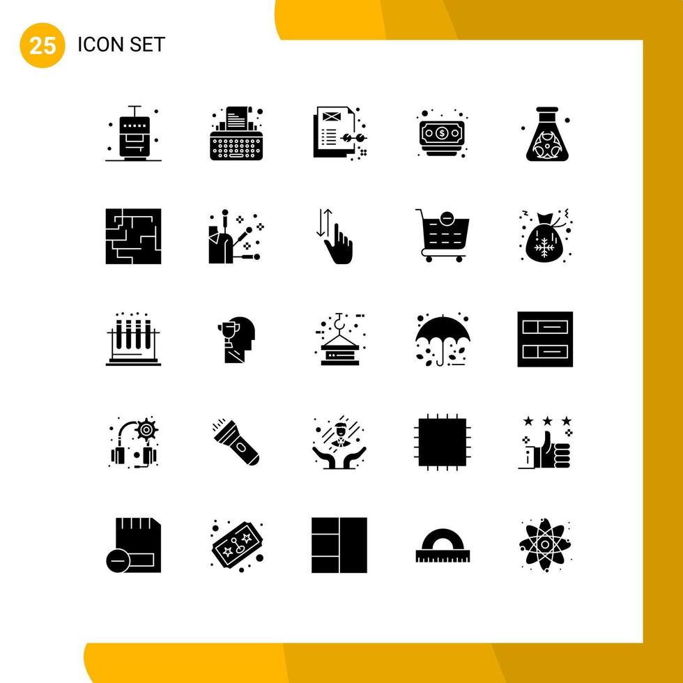 User Interface Pack of 25 Basic Solid Glyphs of waste hazard concept flask dollar Editable Vector Design Elements