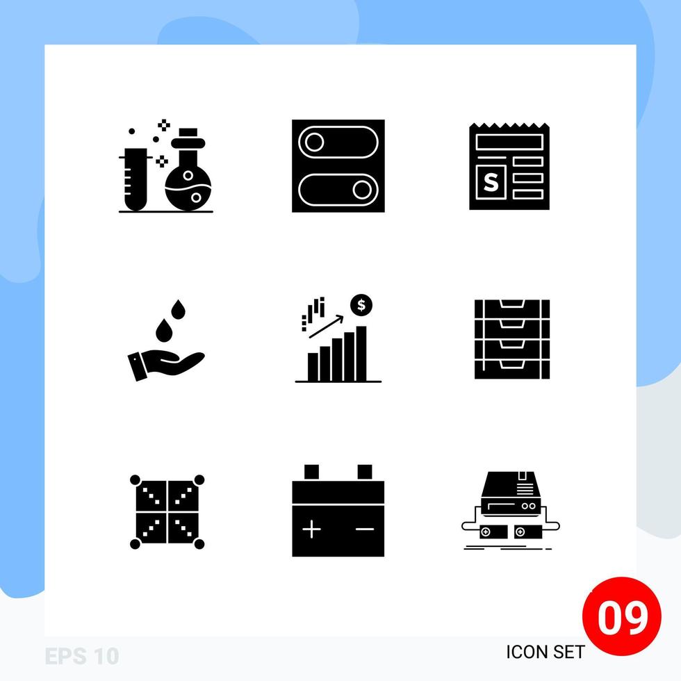 Pack of 9 creative Solid Glyphs of marketing business money power water Editable Vector Design Elements