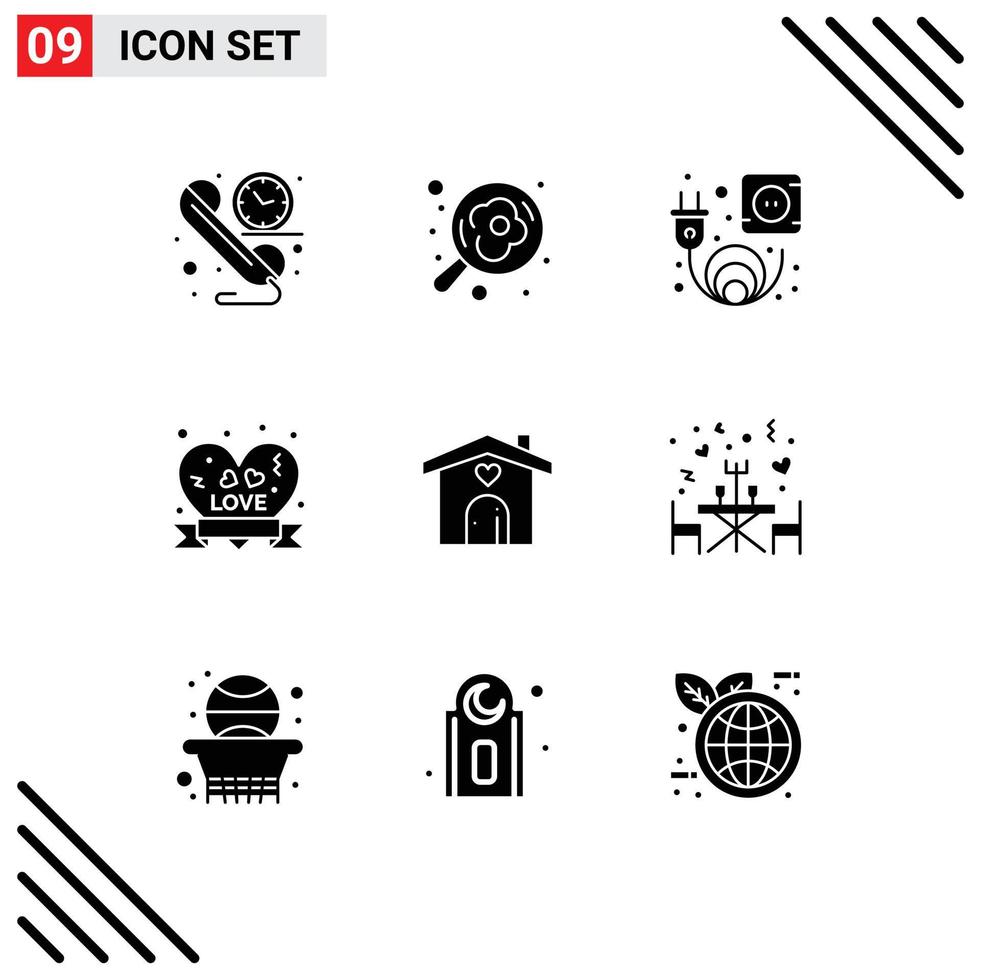 Modern Set of 9 Solid Glyphs Pictograph of heart home electric ribbon badge insignia Editable Vector Design Elements