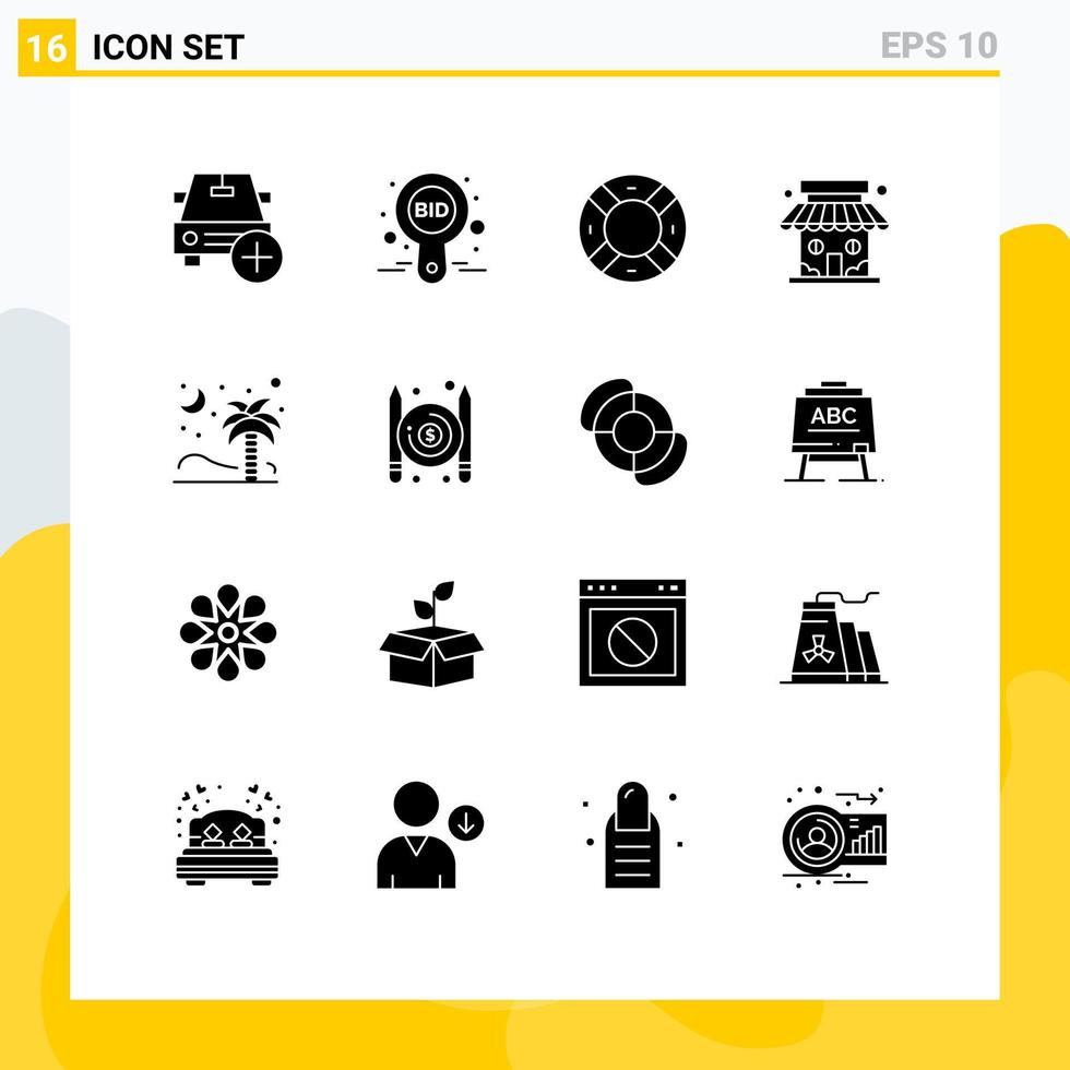 Pack of 16 Modern Solid Glyphs Signs and Symbols for Web Print Media such as store market store compete market support Editable Vector Design Elements