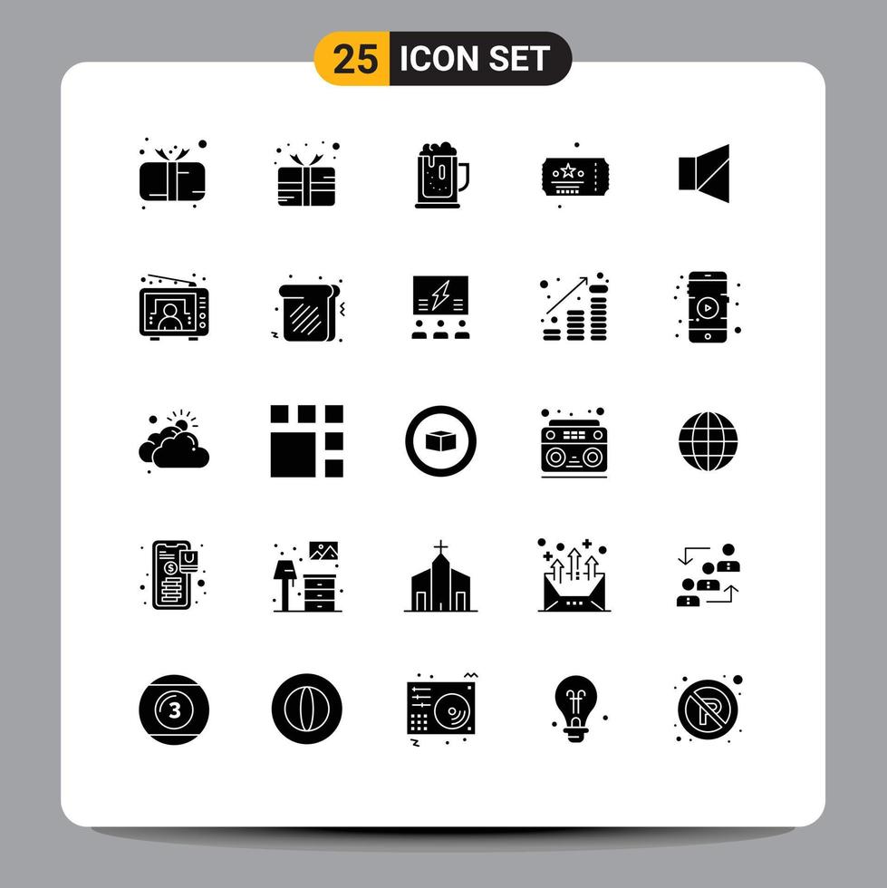 25 Universal Solid Glyphs Set for Web and Mobile Applications party celebration prize ticket drink Editable Vector Design Elements