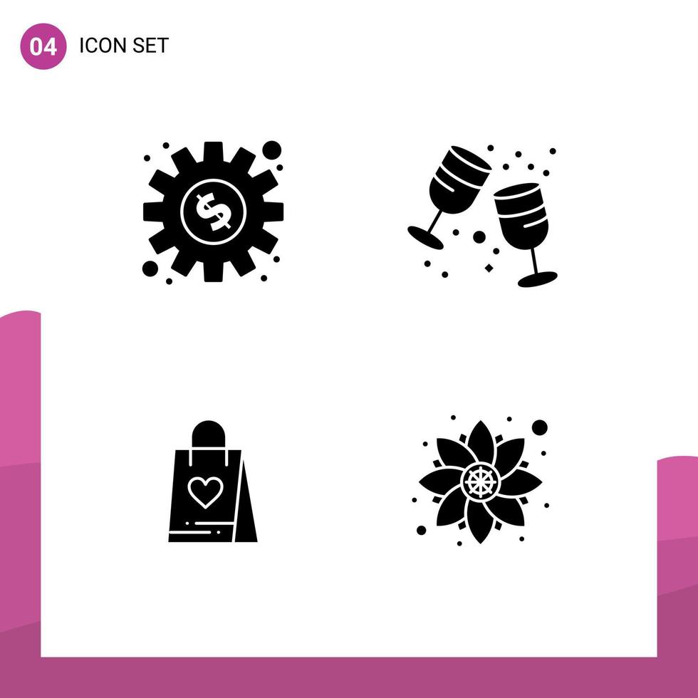 Modern Set of 4 Solid Glyphs Pictograph of dollar love work glass bag Editable Vector Design Elements