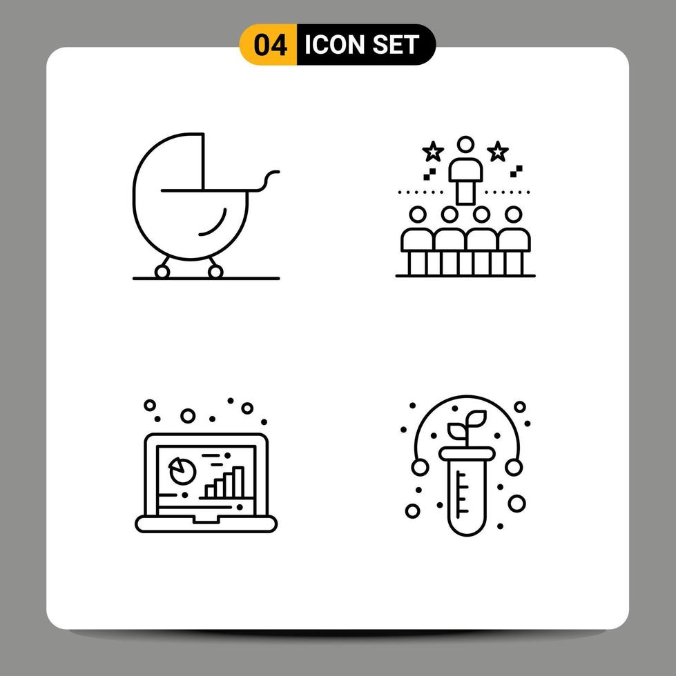 Mobile Interface Line Set of 4 Pictograms of baby analysis pram star computer Editable Vector Design Elements