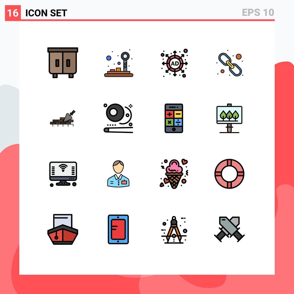 16 User Interface Flat Color Filled Line Pack of modern Signs and Symbols of building brickwork ad web link link Editable Creative Vector Design Elements