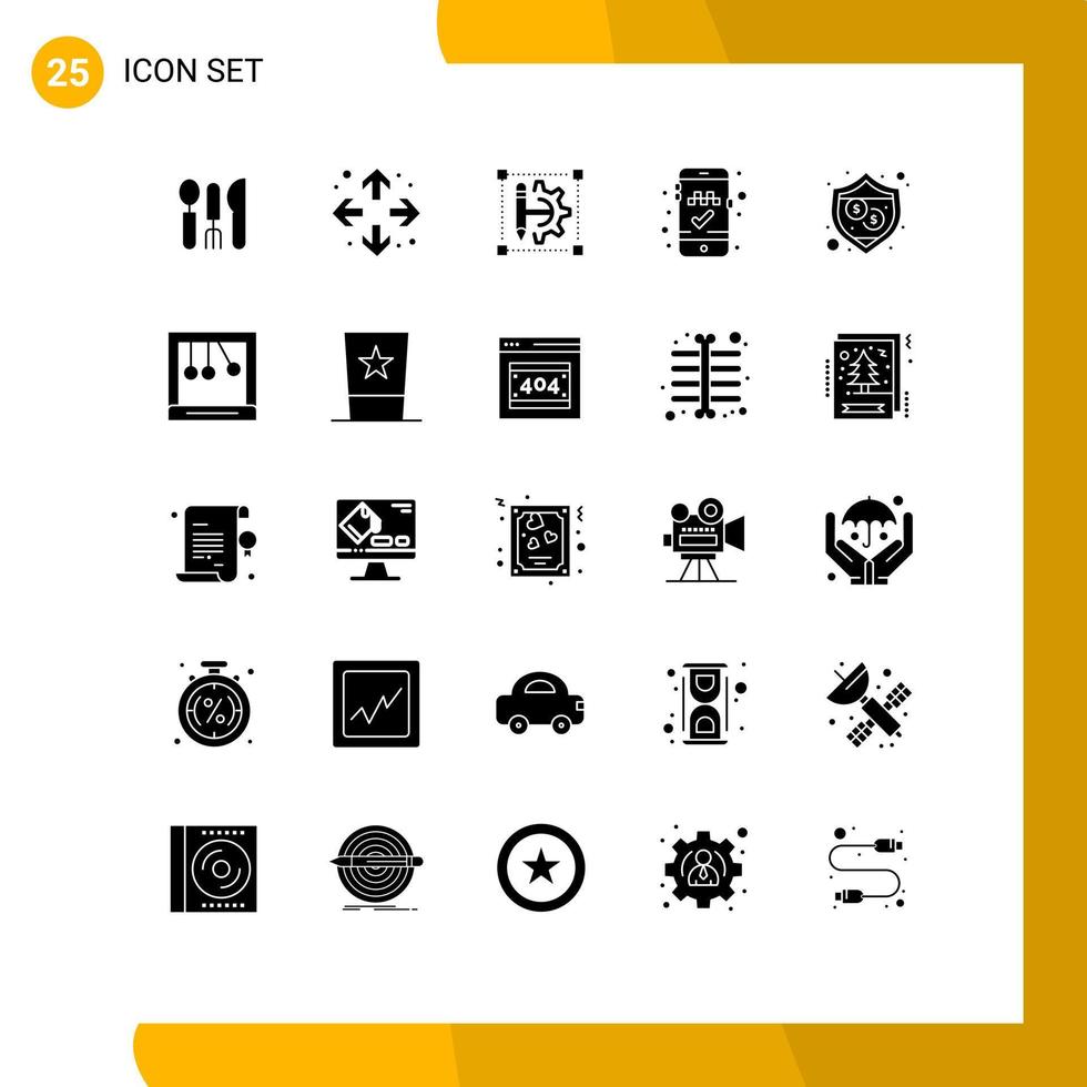 User Interface Pack of 25 Basic Solid Glyphs of shield protection edit mobile app book cab Editable Vector Design Elements