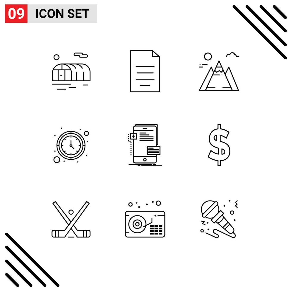 User Interface Pack of 9 Basic Outlines of mobile frontend landscape watch timer Editable Vector Design Elements