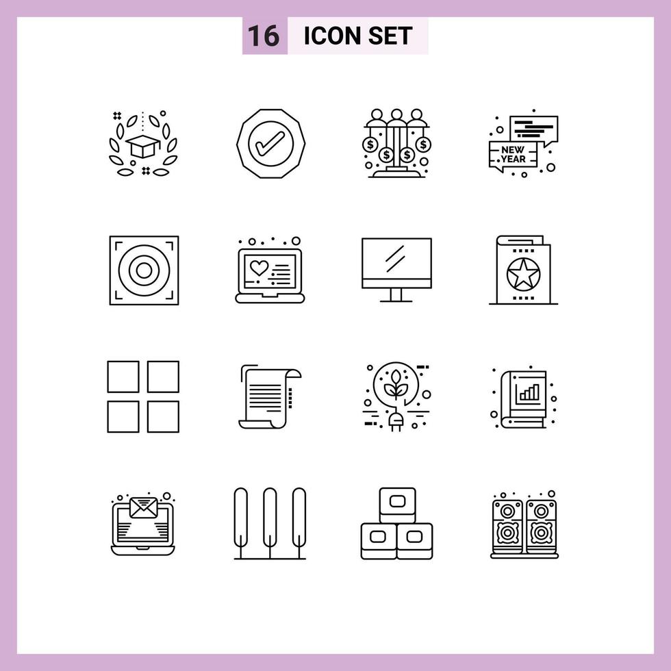 Set of 16 Vector Outlines on Grid for new year chat tick bubble sponsor Editable Vector Design Elements