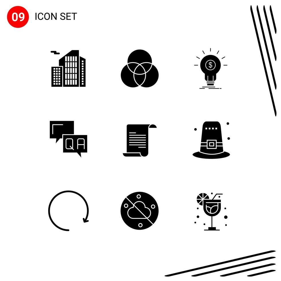 Mobile Interface Solid Glyph Set of 9 Pictograms of text information financial help answer Editable Vector Design Elements