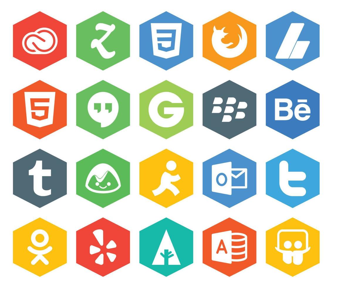 Paquete de 20 íconos de redes sociales que incluye anuncios de Outlook Basecamp Tumblr Blackberry vector
