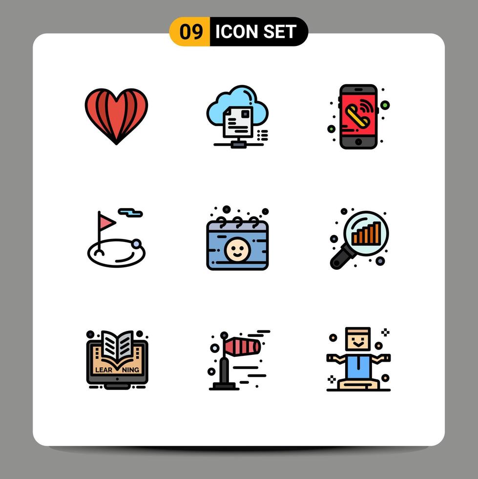Group of 9 Filledline Flat Colors Signs and Symbols for calendar ball document hole flag Editable Vector Design Elements