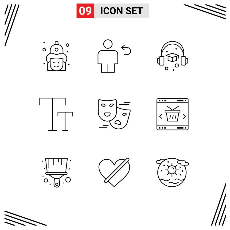 Mobile Interface Outline Set of 9 Pictograms of comedy text human caps graduation Editable Vector Design Elements
