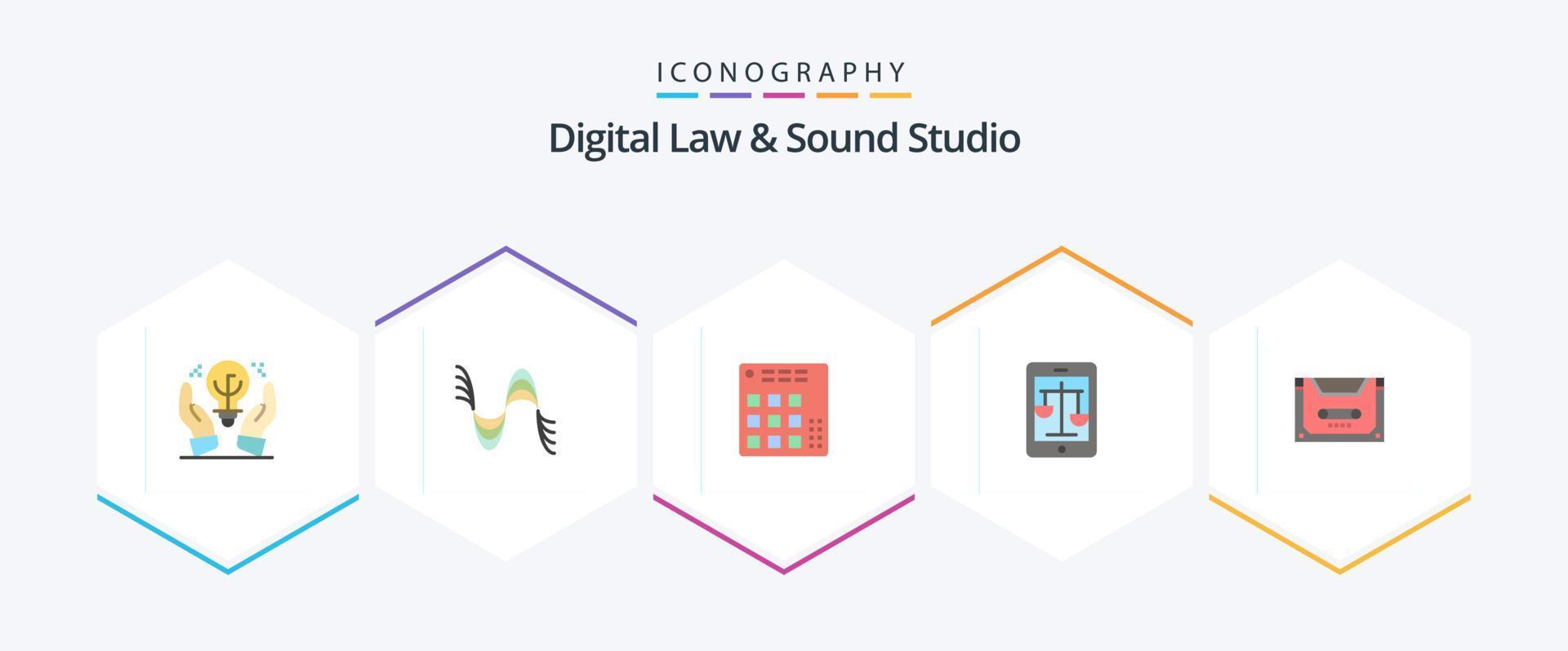 paquete de iconos planos de 25 estudios de derecho y sonido digital que incluye legal. Internet. sonido. Corte. En Vivo vector