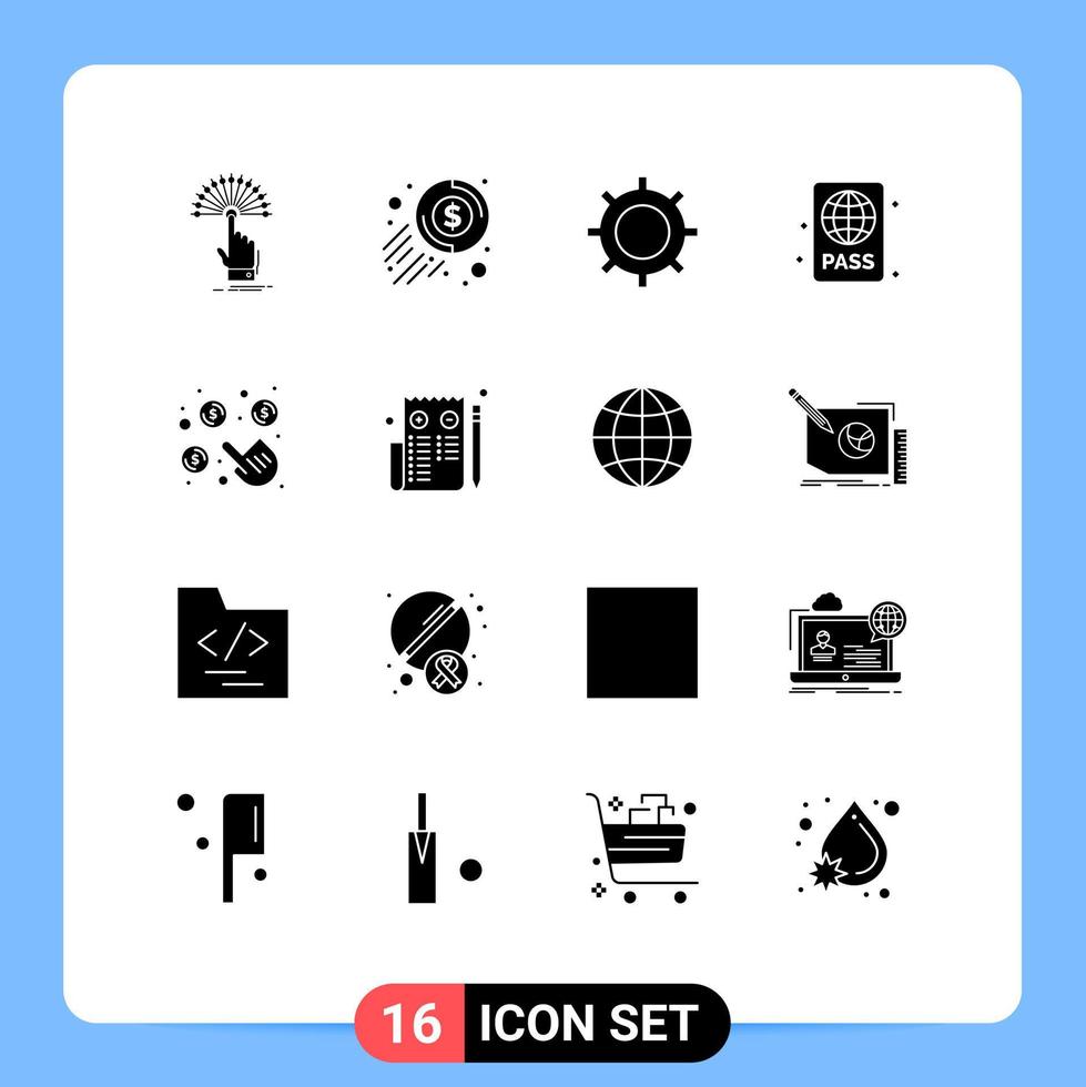 Modern Set of 16 Solid Glyphs Pictograph of summer diving pass coin diving instructor setting Editable Vector Design Elements