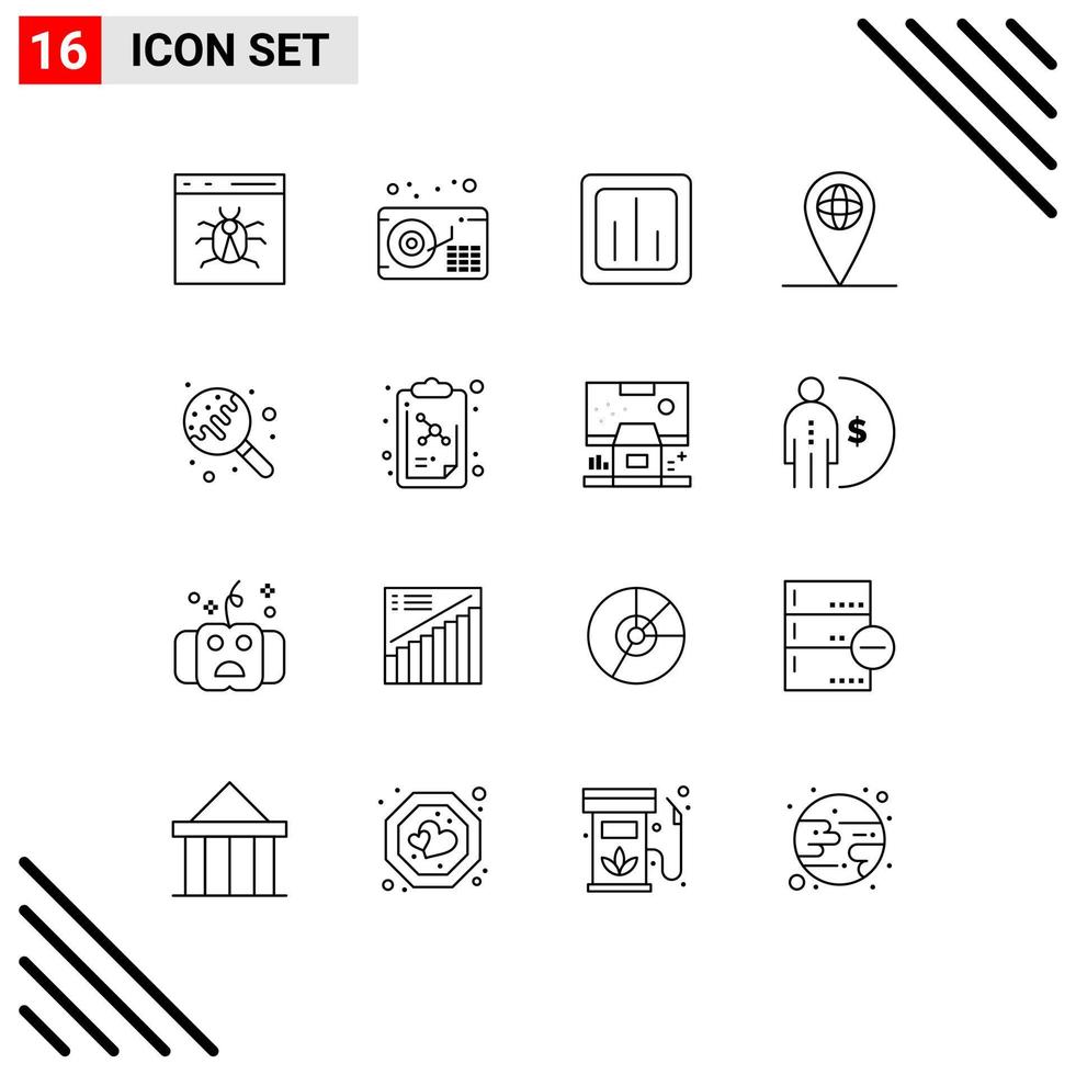 Group of 16 Modern Outlines Set for lollipop location analytics globe statistics Editable Vector Design Elements
