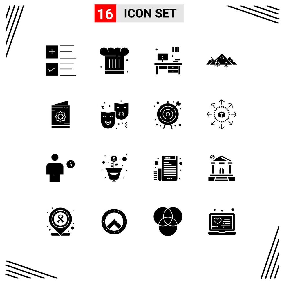 Mobile Interface Solid Glyph Set of 16 Pictograms of card nature restaurant landscape rocks Editable Vector Design Elements
