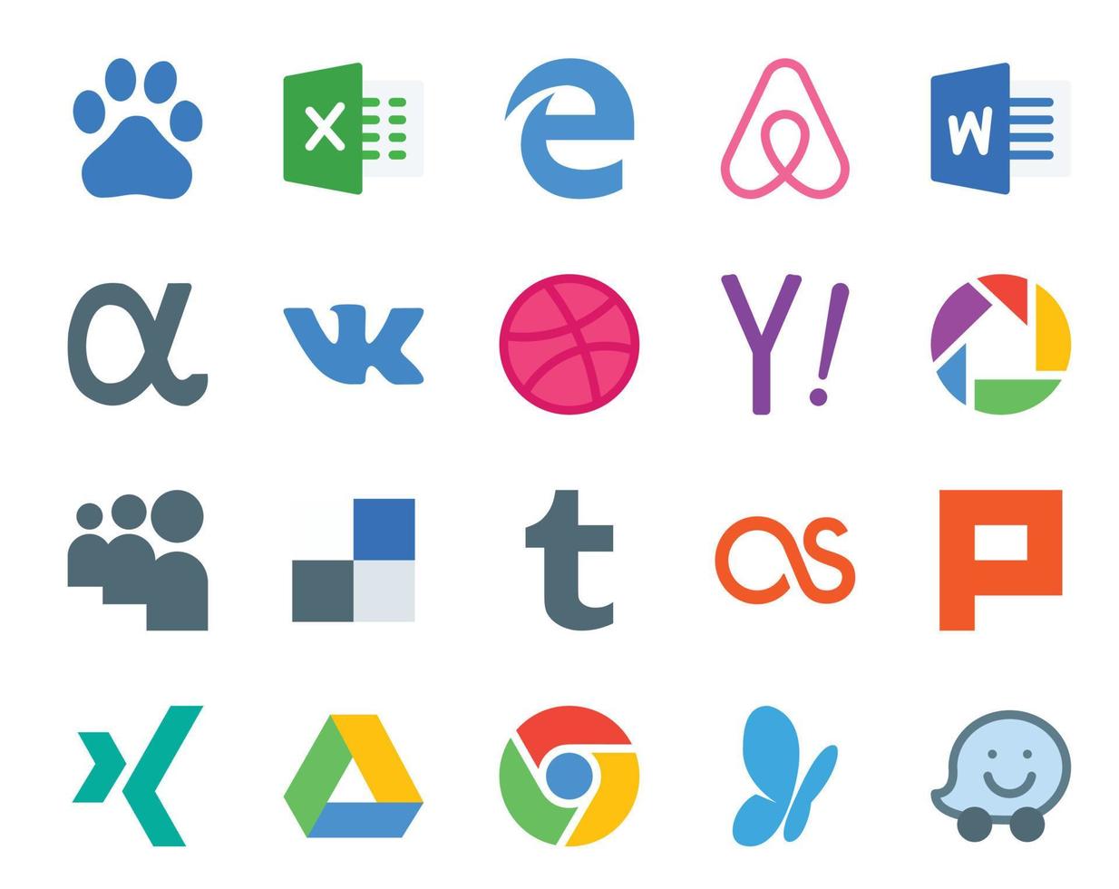 20 Social Media Icon Pack Including google drive plurk yahoo lastfm delicious vector