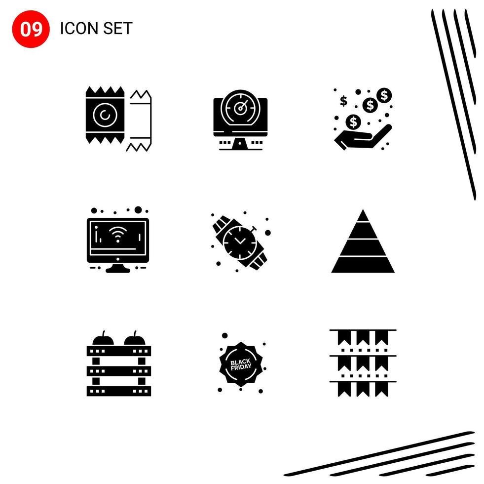 conjunto de 9 iconos de interfaz de usuario modernos símbolos signos para joyería reloj de mano ingresos monitor wifi elementos de diseño vectorial editables vector