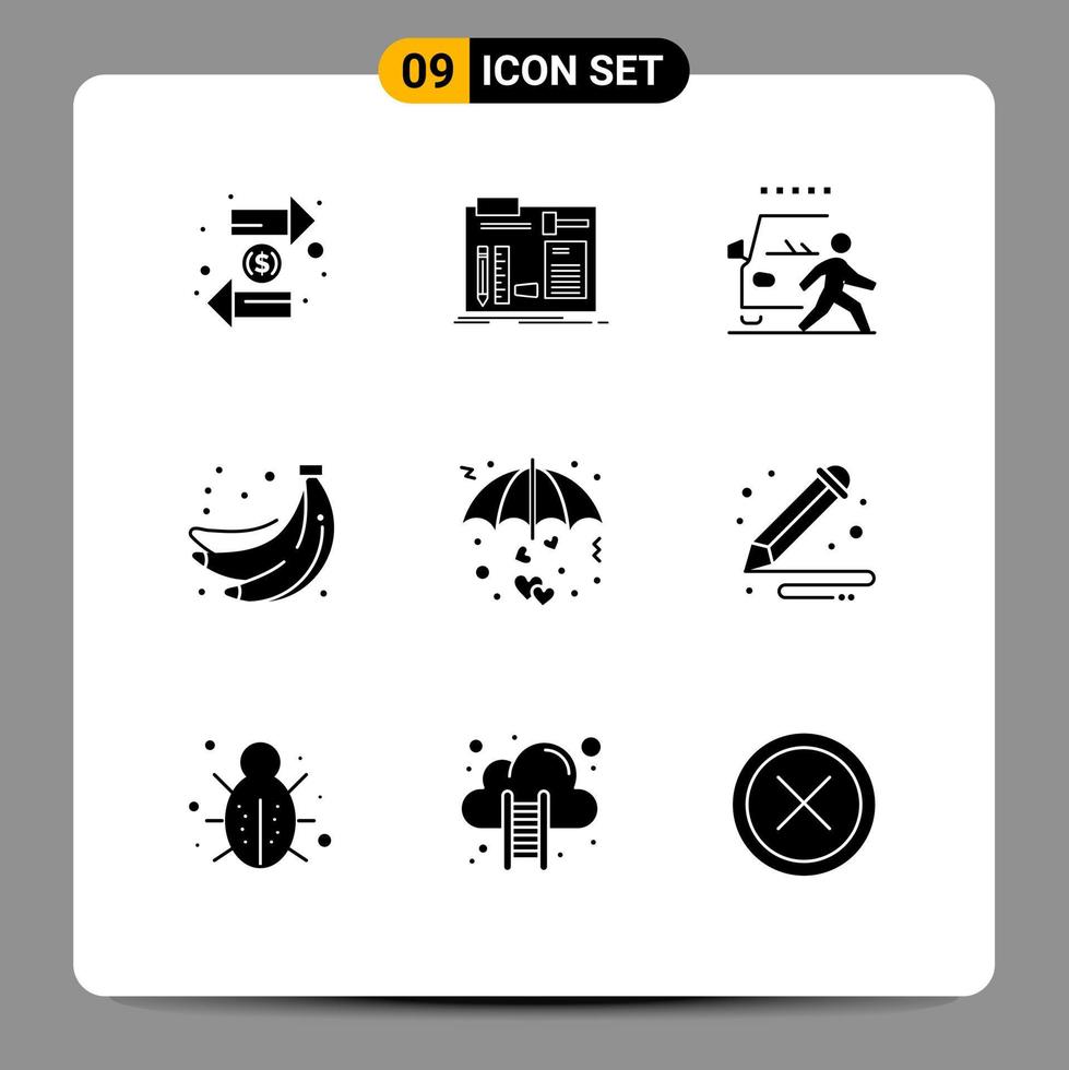 Group of 9 Modern Solid Glyphs Set for summer bananas engineer road danger Editable Vector Design Elements