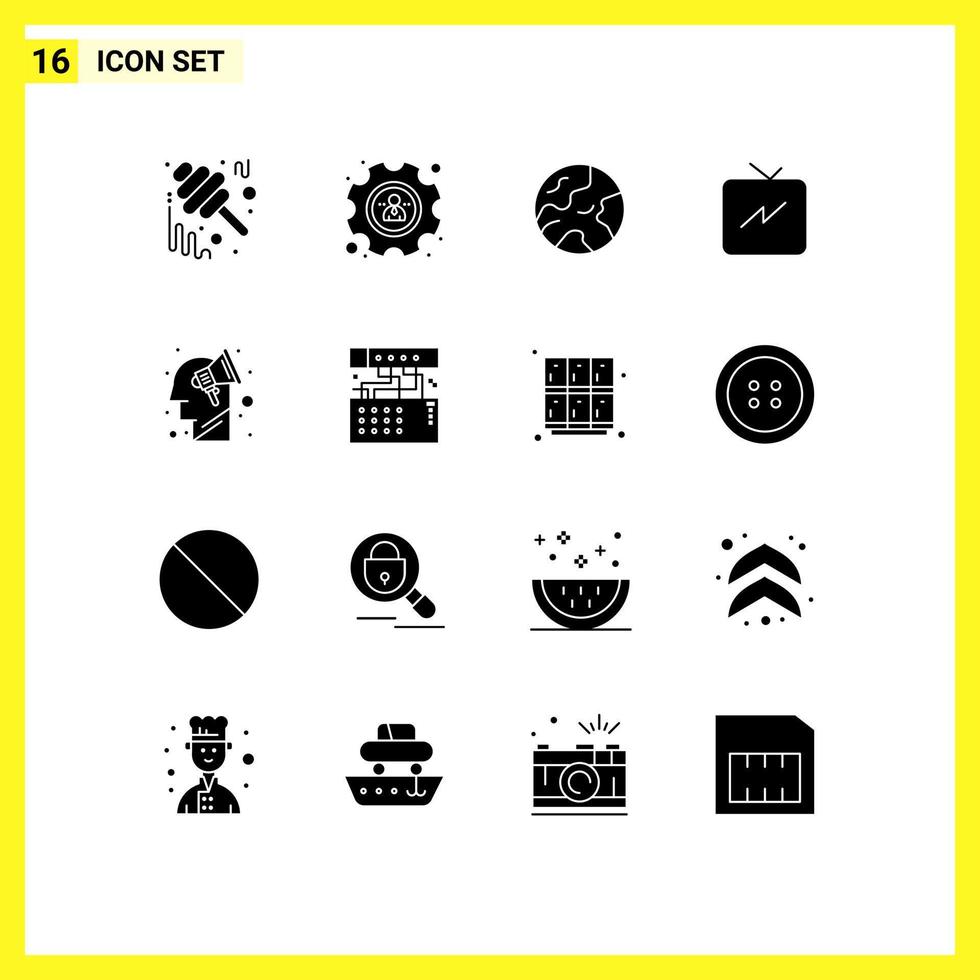 16 User Interface Solid Glyph Pack of modern Signs and Symbols of brain storming plan earth campaign power Editable Vector Design Elements