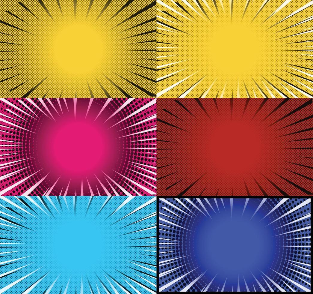 Comic book colorful frames background with halftone rays radial and dotted effects pop art style vector