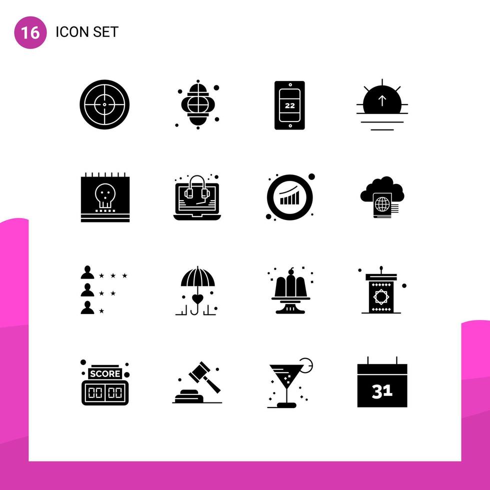 Pack of 16 creative Solid Glyphs of halloween calendar mobile weather sun Editable Vector Design Elements