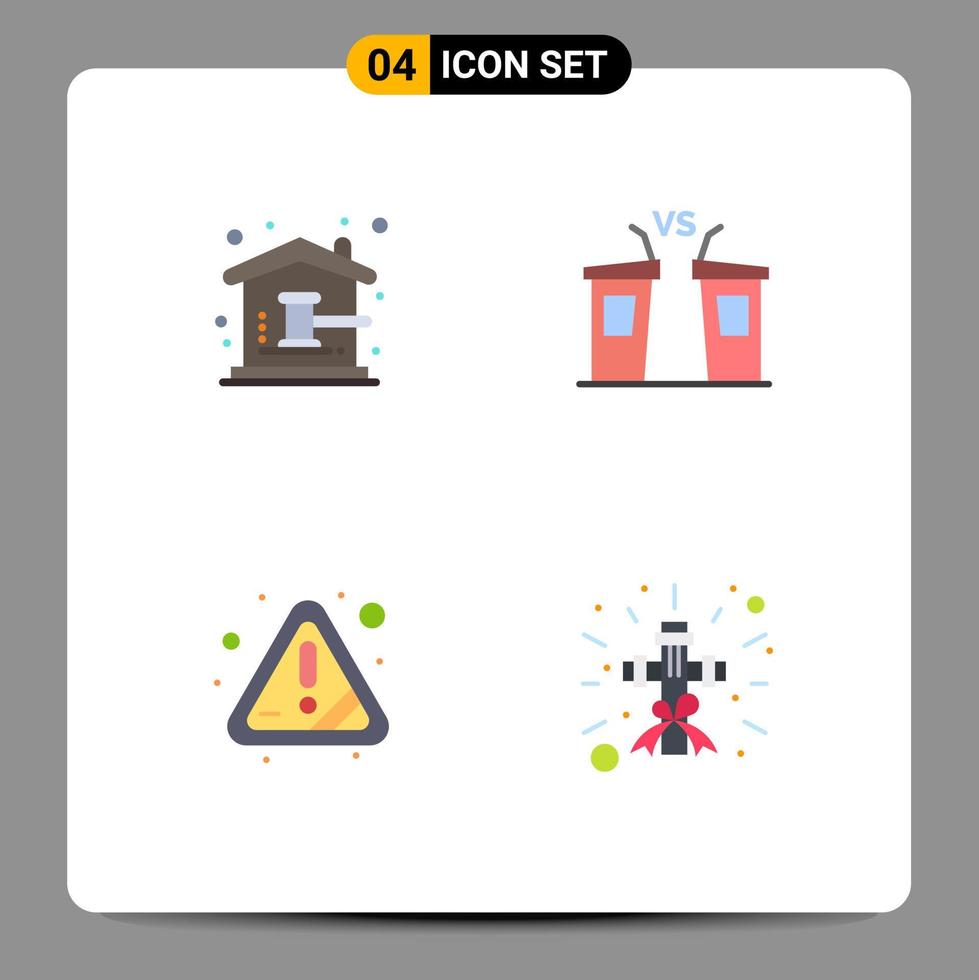 conjunto de 4 iconos planos vectoriales en la cuadrícula para los elementos de diseño vectorial editables de advertencia de la democracia del hogar del orador de la subasta vector