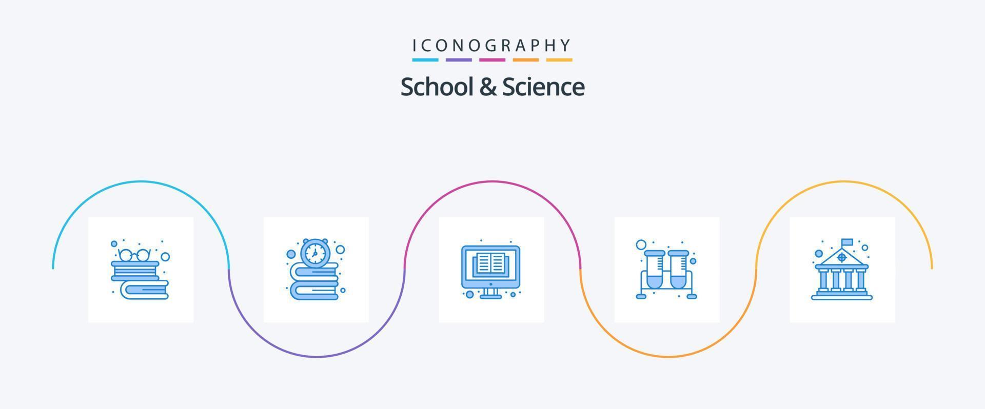 paquete de iconos de la escuela y la ciencia azul 5 que incluye el edificio. investigar. libro. Tubos de ensayo. matraz vector