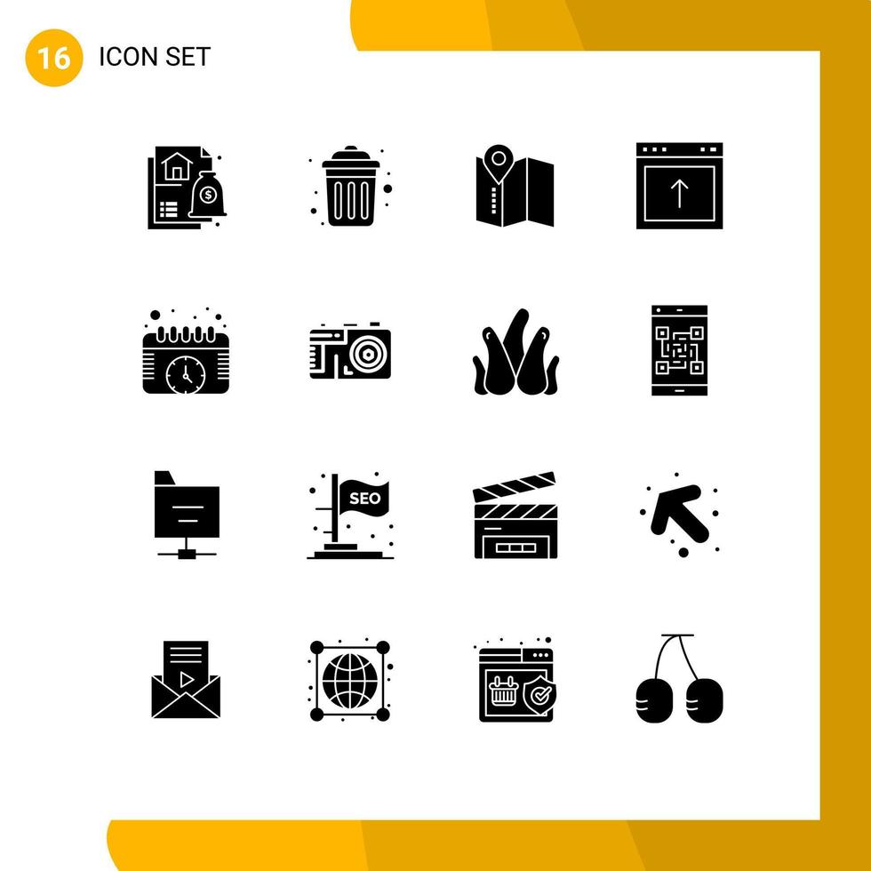 Pack of 16 creative Solid Glyphs of schedule calendar location website browser Editable Vector Design Elements