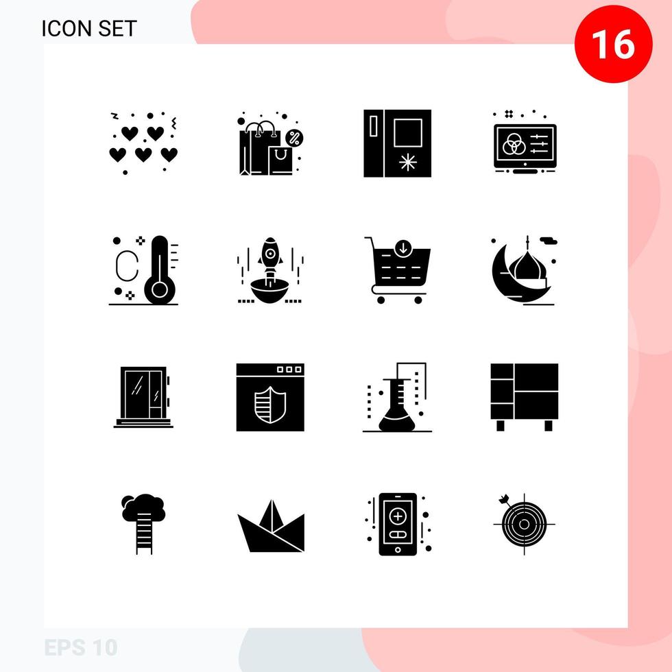 Modern Set of 16 Solid Glyphs and symbols such as launch thermometer holiday refrigerator designer color scheme Editable Vector Design Elements