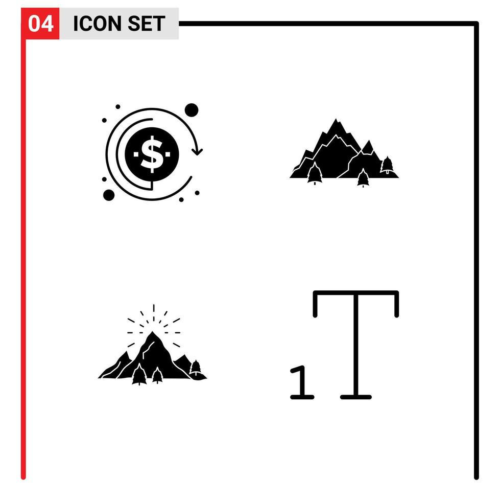 Mobile Interface Solid Glyph Set of 4 Pictograms of currency landscape mountain nature mountain Editable Vector Design Elements