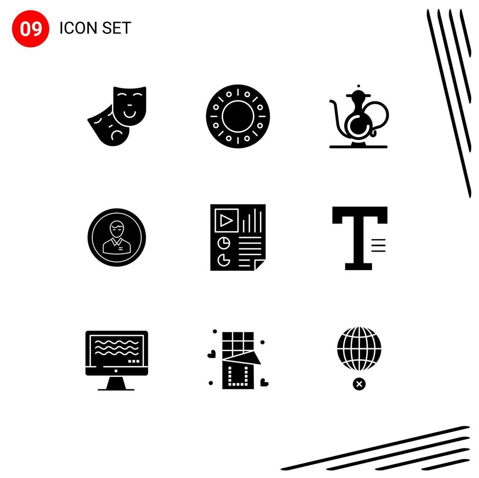 Mobile Interface Solid Glyph Set of 9 Pictograms of user person islam man business Editable Vector Design Elements