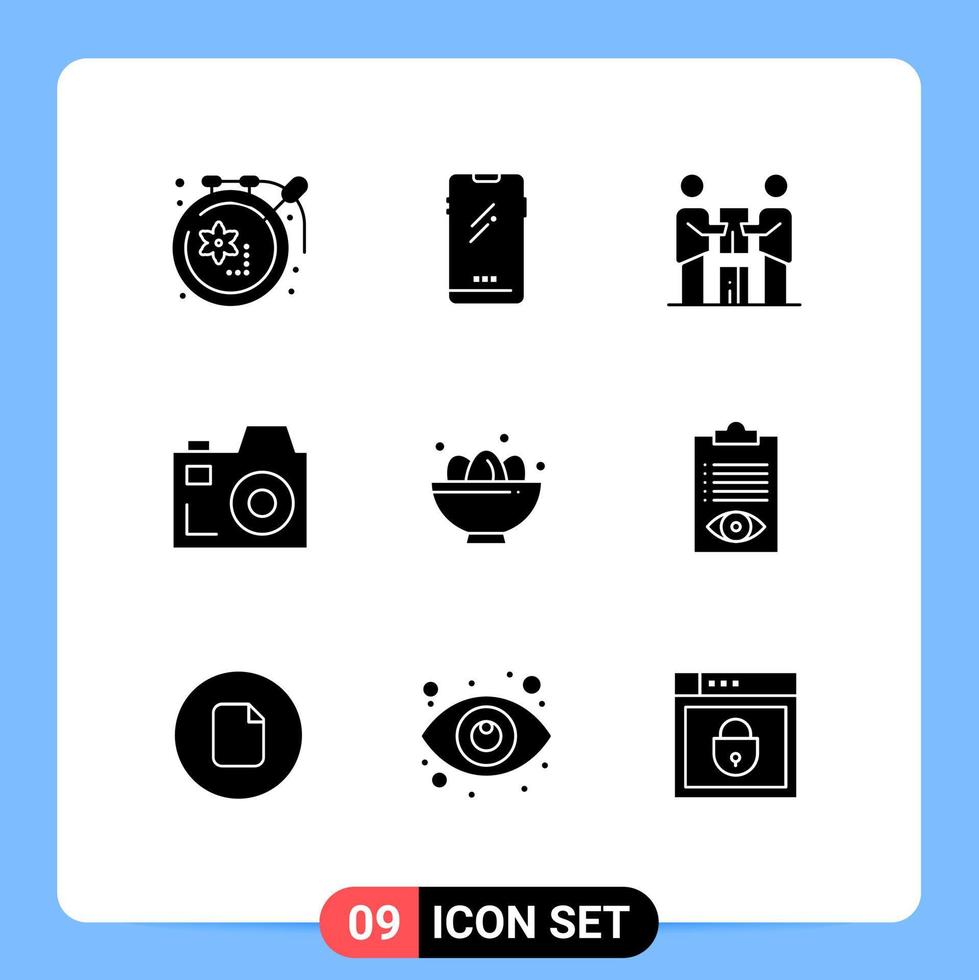 Mobile Interface Solid Glyph Set of 9 Pictograms of bowl communication iphone camera partnership Editable Vector Design Elements