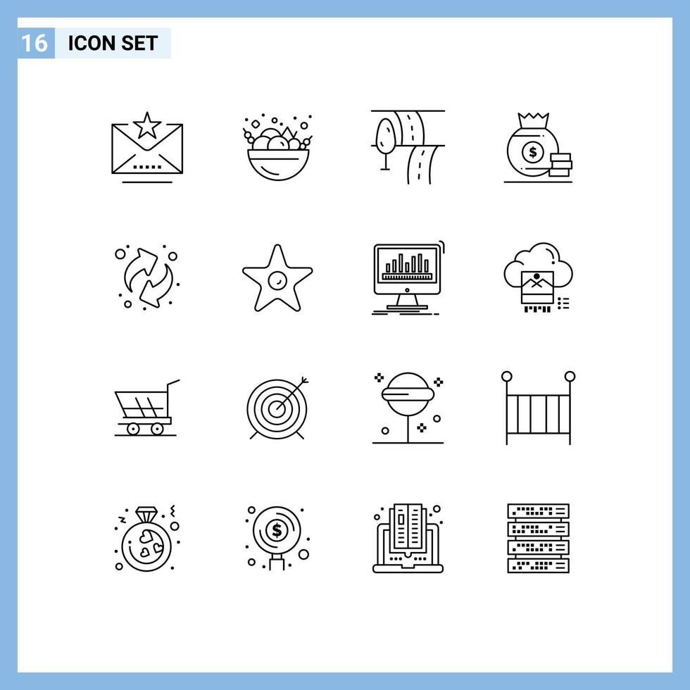 paquete de 16 signos y símbolos de contornos modernos para medios de impresión web, como flechas de ruta de reciclaje de películas, elementos de diseño de vectores editables de dinero