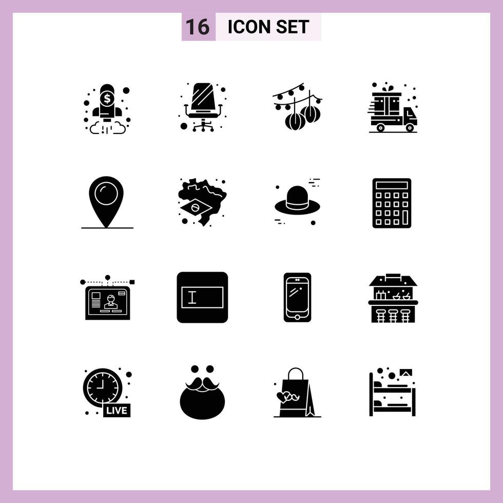 Group of 16 Solid Glyphs Signs and Symbols for location delivery truck sitting cyber monday lantern Editable Vector Design Elements