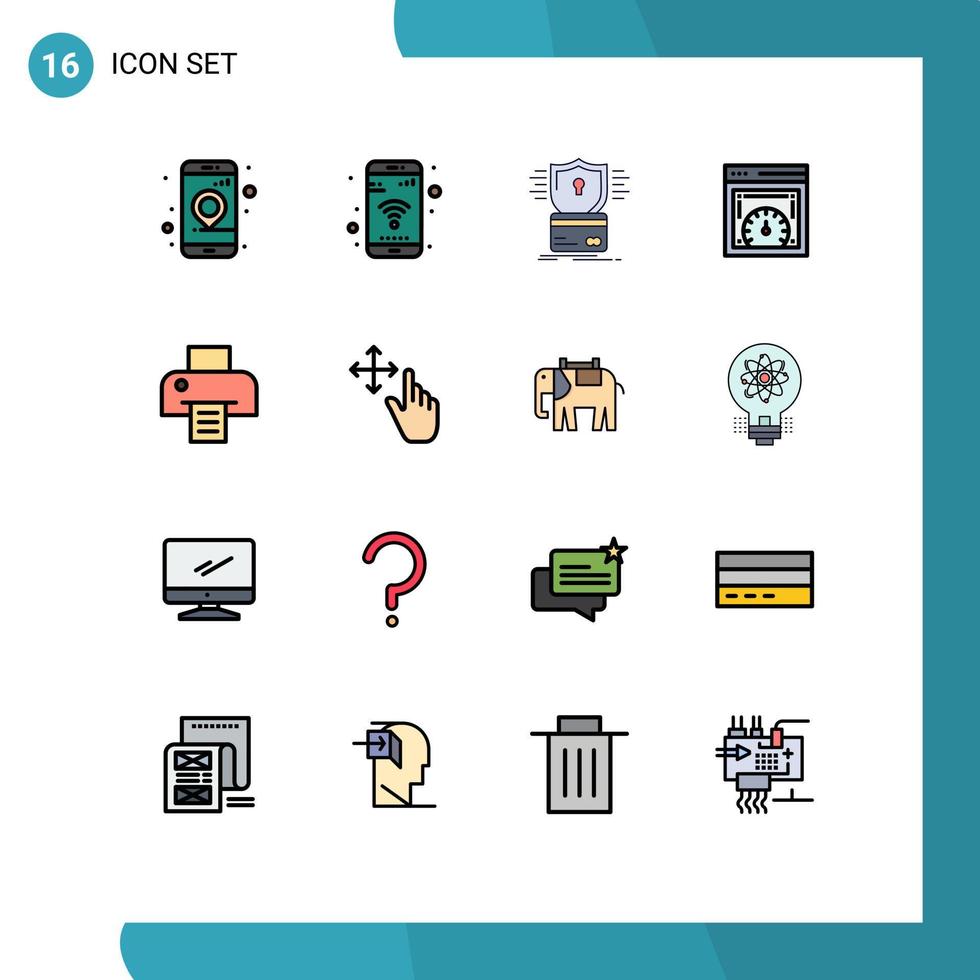 Group of 16 Modern Flat Color Filled Lines Set for printer web speed security page speed test hack Editable Creative Vector Design Elements