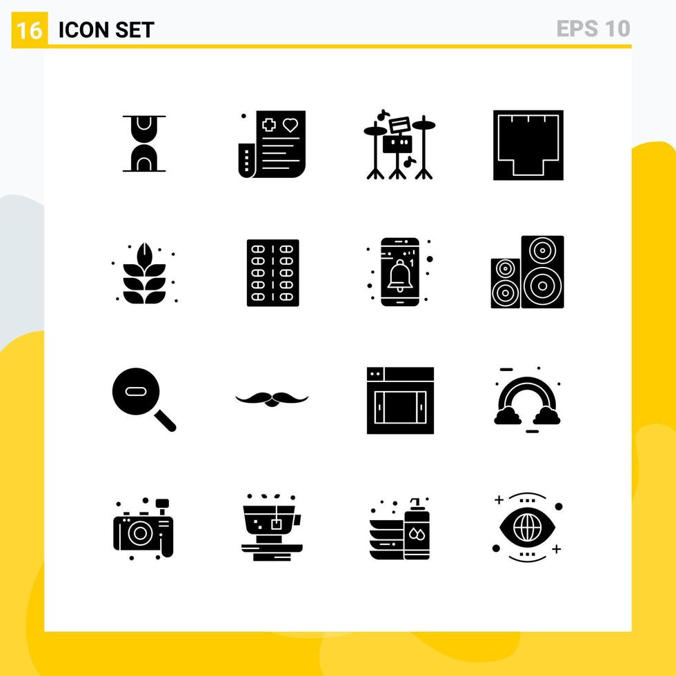 16 User Interface Solid Glyph Pack of modern Signs and Symbols of nature port drum network ethernet Editable Vector Design Elements