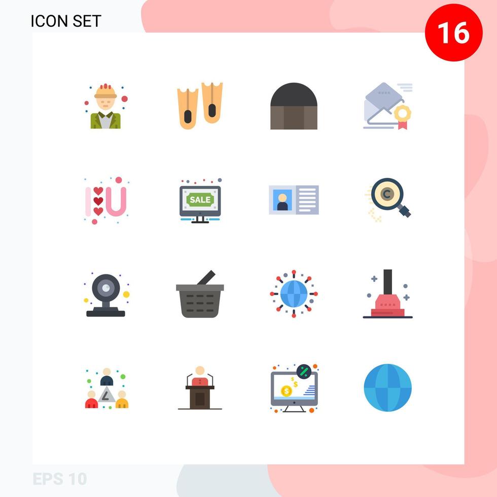 16 User Interface Flat Color Pack of modern Signs and Symbols of heart offer building medal email Editable Pack of Creative Vector Design Elements